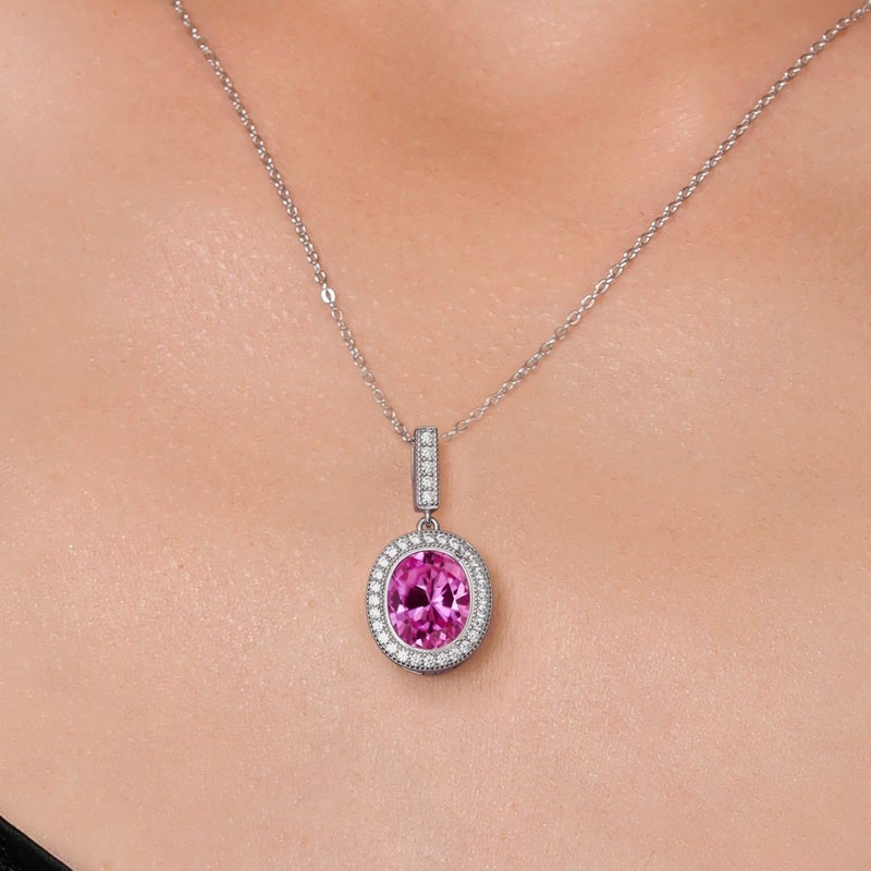 Gem Stone King 925 Sterling Silver Oval Gemstone Birthstone Halo Necklace For Women | Oval 12X10MM | Halo Pendant Necklace for Women | With 18 Inch Silver Chain - Image 3